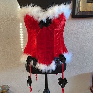 NWT  Santa’s Naughty Helper Red Velvet Corset w/garters & G-string panties